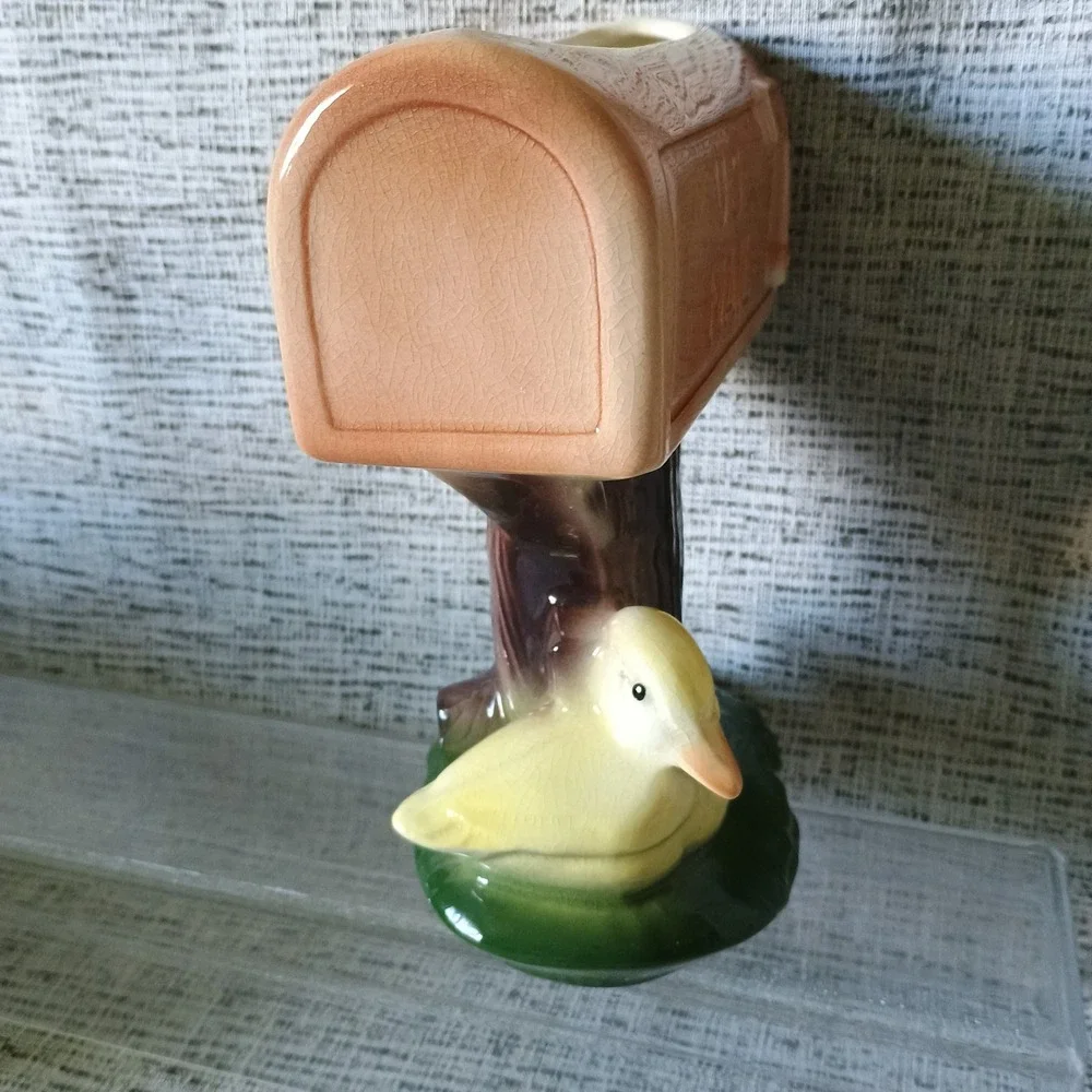Vintage US Mail Mailbox Ceramic Planter with Duckling Figurine Mid Century Decor